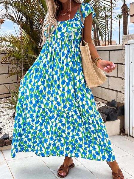 

dresses women's summer casual ruffle sleeve loose dress street floral print long dress square neck strapless beach dress harajuku, Black;gray
