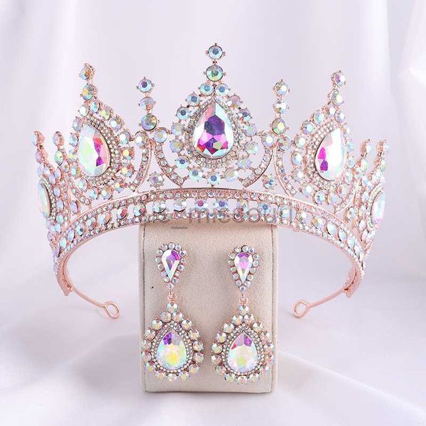 

other fashion accessories baroque rose gold ab color rhinestone crystal queen crown with earrings wedding tiaras women beauty pageant diadem, Silver