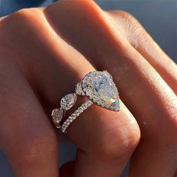 

band rings huitan delicate aaa pear crystal zircon women wedding bridal set rings proposal ring for girlfriend fancy gift fashion jewelry aa, Silver