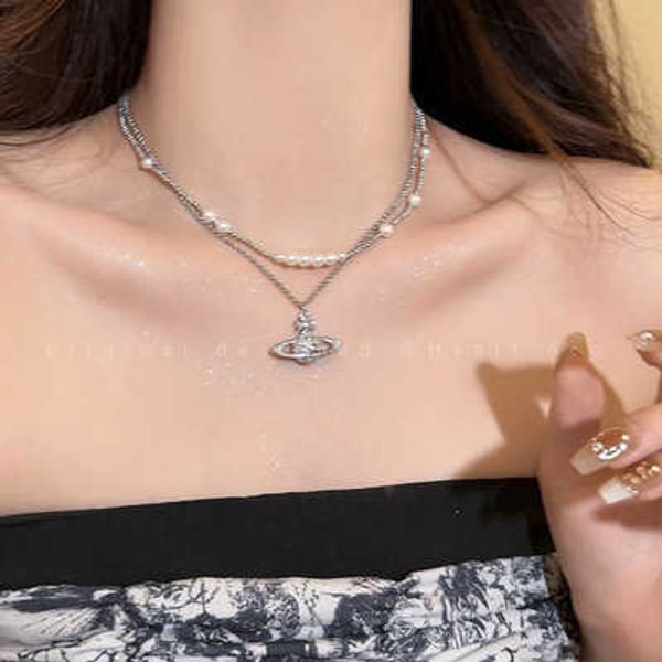 

empress dowager saturn pearl necklace for women's fashion and advanced sense double layered versatile collar chain summer luxury charm, Silver
