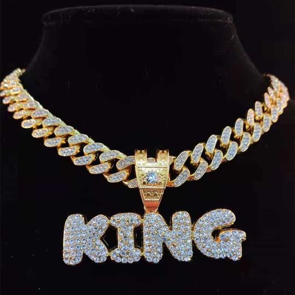 

men women hip hop king queen letter pendant necklace with 13mm miami cuban chain iced out bling hiphop necklaces fashion jewelry, Silver