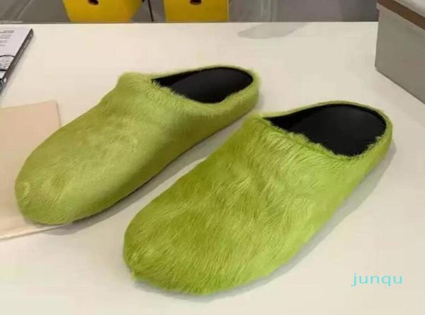 

fashion fur slippers women round toe horse hair slides female black rose red green mules shoes flat half slipper woman casual plus5235794