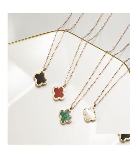 

pendant necklaces korean simple fashion sweet clover designer for women 18k gold stainless steel choker double side necklace jewel4457328, Silver