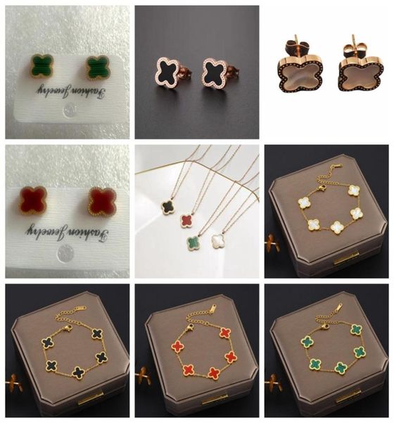 

luxury women style four leaf clover stud earring rose gold stainless steel necklace bracelet4486120, Golden;silver