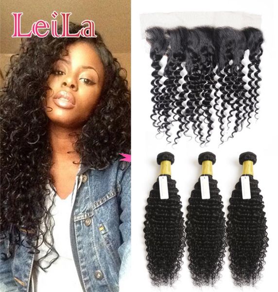 

peruvian virgin human hair extensions 3 bundles with 13 x 4 lace frontal hair weaves frontal deep wave curly hair bundles with fro6429011, Black;brown