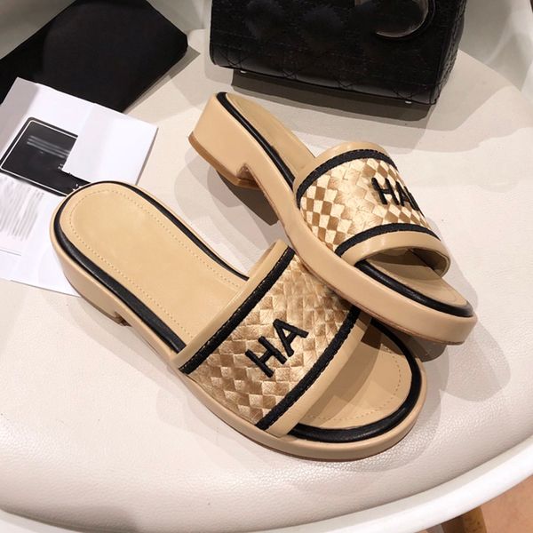 

designer womens slippers flat sandals woven twill tweed vamp leather inner small dwarf slippers flat shoes home casual shoes outdoor beach s, Black