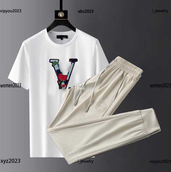 

man tracksuits short sleeve sets size -3xl 2pcs flower decoration logo design t-shirt and bilateral pocket decoration pants, Gray