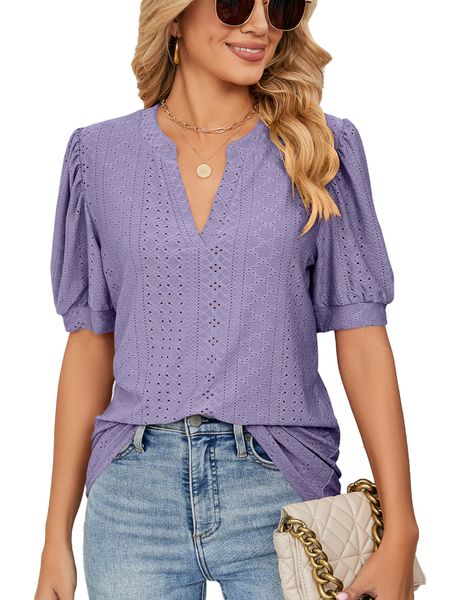 

women short sleeve solid v neck hollow out t shirt, White