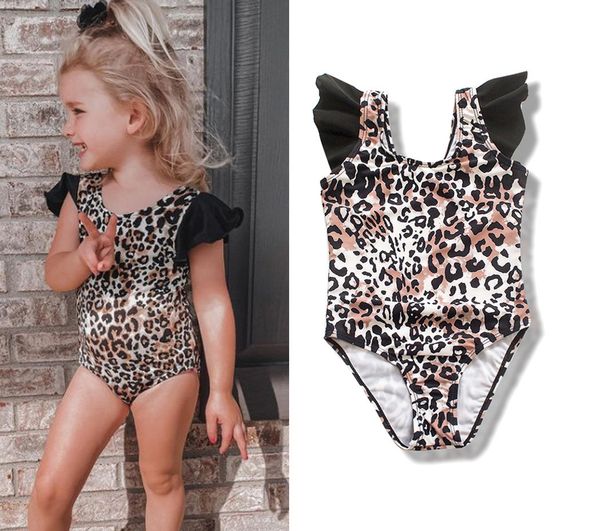 

children's swimwear ruffled leopard print girls' one piece swimsuit baby beach wear, Black