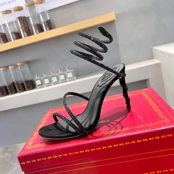 

rene caovilla cleo open toe sandals crystal embellished spiral wrap around sandals twining rhinestone sandal women black stiletto heels shoe