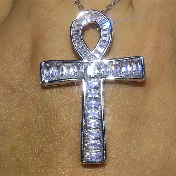 

vecalon ankh cross pendant 925 sterling silver 5a cz stone chain cross pendant necklace for women men party wedding jewelry