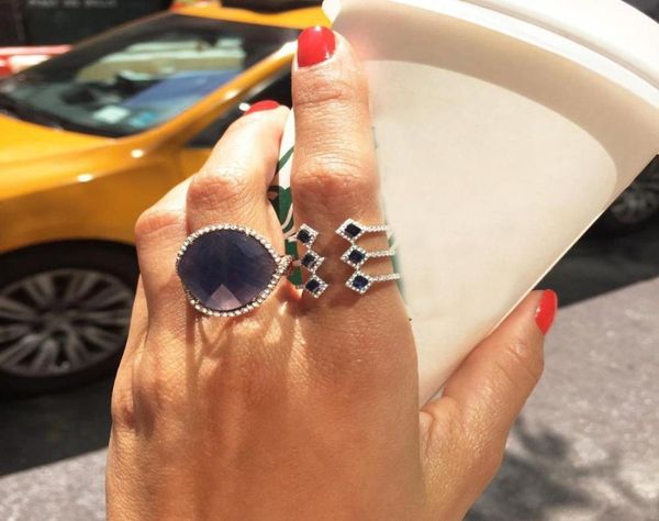 

open adjust size women finger rings silver color blue green red geometric long ring7301528