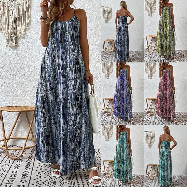 

trendy gradient print sling beach style maxi dress women casual summer o-neck loose pullover backless vintage sleevelss sundress, Black;gray