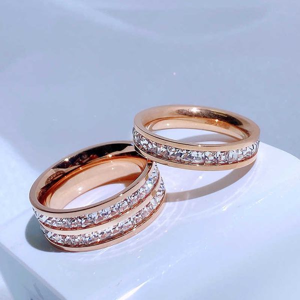 

band rings luxury rose gold color double row square zircon stainless steel ring for women romantic engageme wedding party jewelry female aa2, Silver