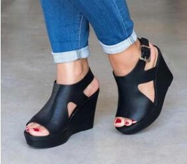 

sandals summer women039s fashion casual beach pu wedges heel platform shoes female buckle straps open toe comfortable classic4009123, Black