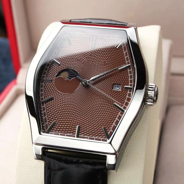 

high-quality men's watch wine cask luxury brand malta original 8217 movement swimmable waterproof lunar phase calendar copper literal h, Slivery;brown