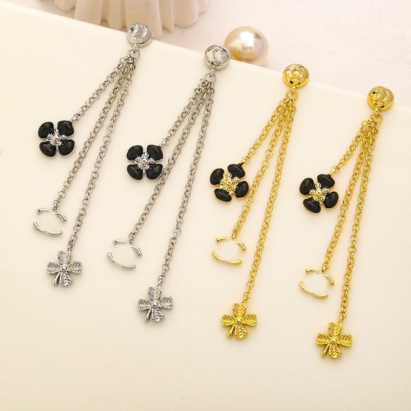 

luxury brand designers letters stud clip chain tassels long gold plated stainless steel geometric famous women crystal rhinestone earring we, Golden;silver