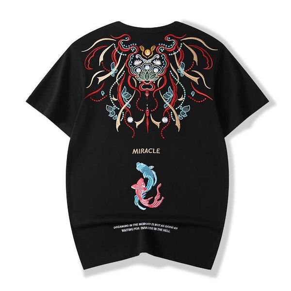

chinese style koi embroidery cotton short sleeve t-shirt loose fashion large men's shirtju, White;black