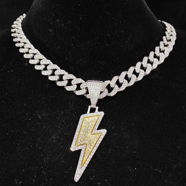 

men women hip hop lightning pendant necklace with 13mm crystal cuban chain hiphop iced out bling necklaces fashion charm jewelry, Silver