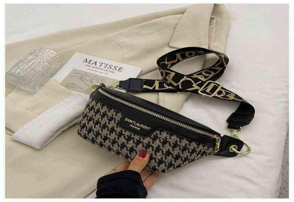 

houndstooth plaid women waist bag canvas and pu pack female fanny ladies wide strap crossbody chest trended brand 2205279200089