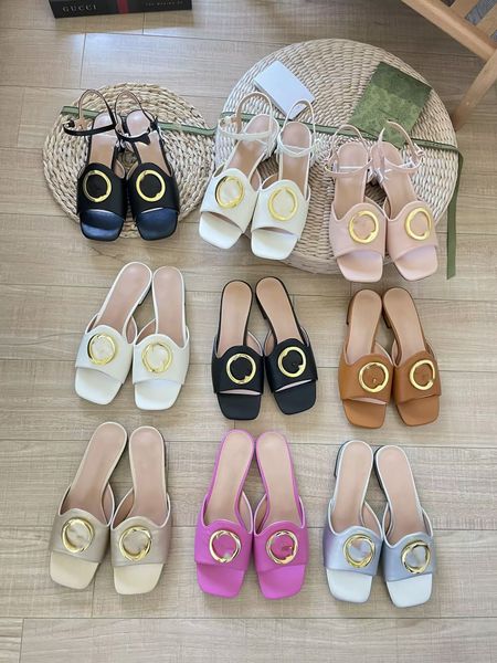 

2023 summer g blondie luxury famous sandals designer women flip flops slipper fashion leather slides chunky heel metal buckle interlocking l, Black