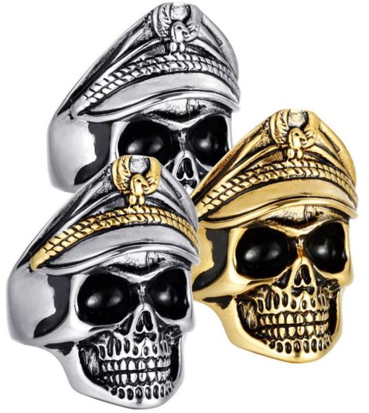

2021 titanium double eagle officer retro punk trendy male stainless steel undead legion skull ring4709005, Silver