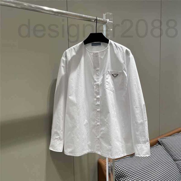 

women's blouses & shirts designer spring/summer new round neck triangle label shirt stylish lazy silhouette cut bf style handsome sweet, White