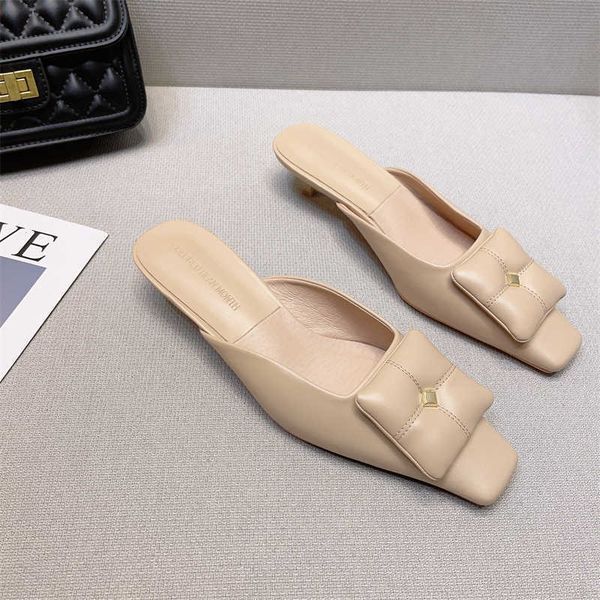

nxy slippers 2023 middle heel summer new kitten heeled shoes women elegant shiny sandals square toe mules outdoor slingback 230511, Black