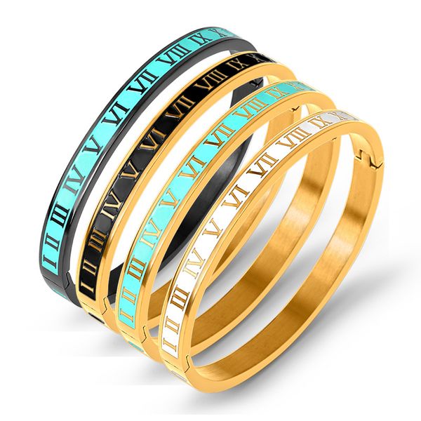 

luxury vintage roman letter titanium steel bangles & bracelets for women black gold numeral color charm cuff bangles stainless steel jewelry