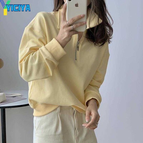 

yiciya women's hoodies fashion women's half zipper sweatshirt turn down collar 2023 autumn solid terry casual basic pullover worko, Black