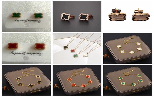 

luxury women style four leaf clover stud earring rose gold stainless steel necklace bracelet5048806, Golden;silver
