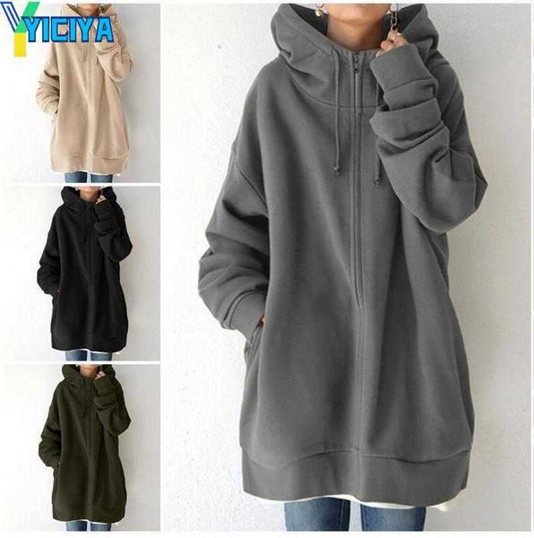 

yiciya women's hoodies women warm zipper long oversized harajuku casual sleeve hooded jacket winter sweatshirts female elegant pullover, Black