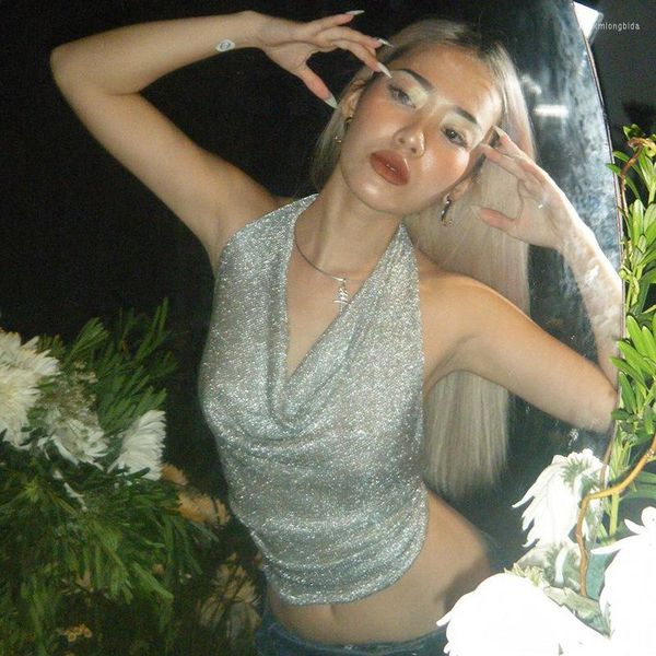 

women's tanks tank shiny silver silk reflective halter crop women bandage backless camisole female sleeveless cropped vest, White