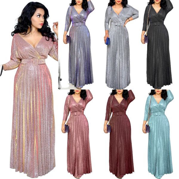 

runway dresses 2023 winter cross-border europe, america and africa women's fashion long-sleeved gilt pleated skirt with belt bright pin, Black
