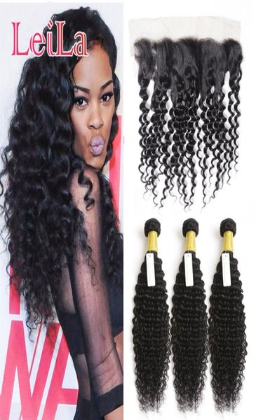 

virgin human hair extensions indian 3 bundles with 13 x 4 lace frontal hair weaves deep wave curly hair bundles with frontal 4 pie7025342, Black;brown