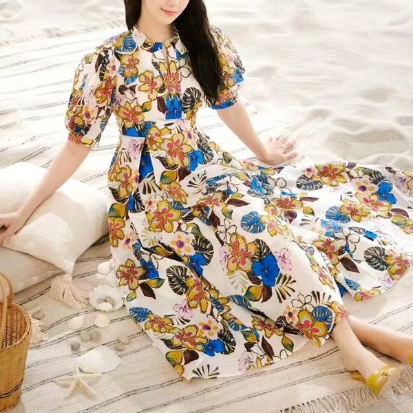 

2023 women dresses beach dress, high-end bubble sleeve, floral print, large swing dress, light luxury, niche resort style women's cloth, Black;gray