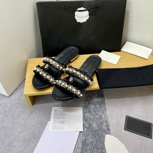 

women slides c designer double sandals slipper high version small fragrance pearl plaid tweed tassels slippers women wear fashionable and ve, Black