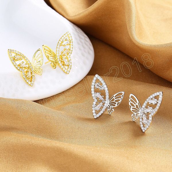 

dainty cubic zirconia crystal gold color butterfly wing stud earrings hollow multipurpose fashion jewelry, Golden;silver