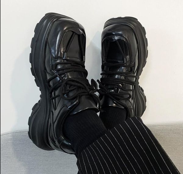 

fashion thick heel men leather shoes vintage bandage leisure shoes spring height increasing shoes, Black