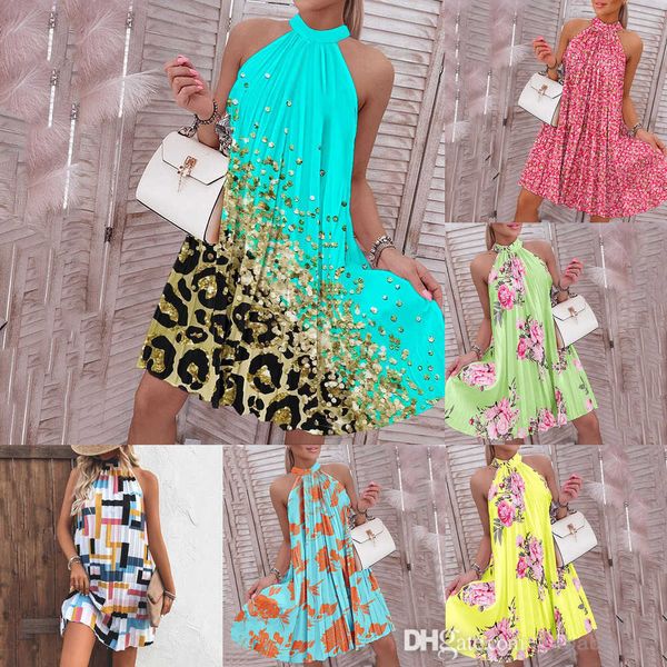 

2023 summer dress fashion print dresses halter off shoulder sleeveless pleated elegant party dress for women, Black;gray