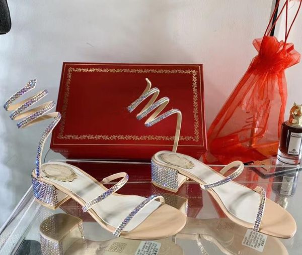 

RENE CAOVILLA Rhinestone Chunky Heel Sandals Women's Ankle Snake Wrap Girl party wedding vacation sandals Crystal sandals with box, Silver