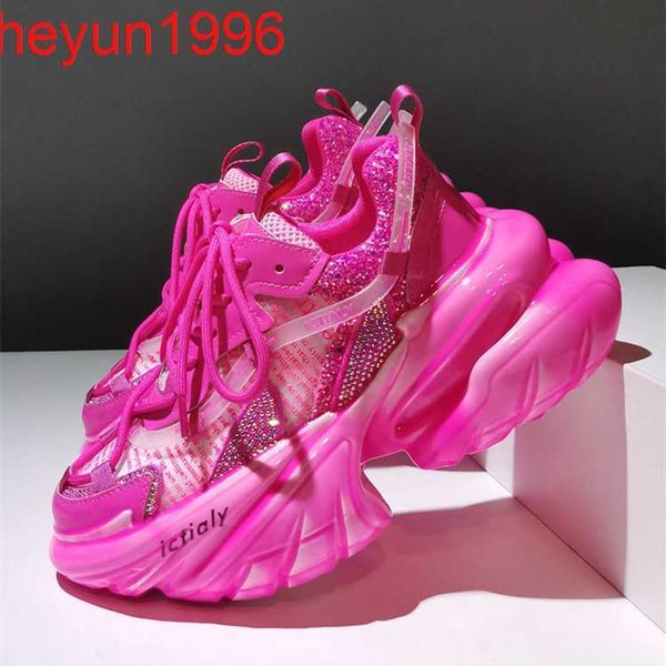 

genuine leather rhinestone breathable mesh jelly thick soled dad for women's spring and summer new contrasting casual sports shoes sing