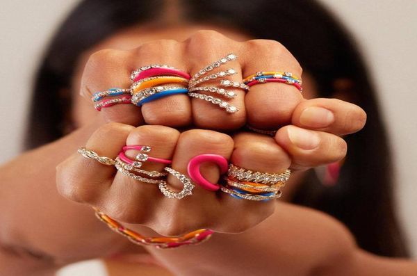 

2021 colorful rainbow open adjusted women finger jewelry gold color cz neon enamel dome ring1309151, Silver