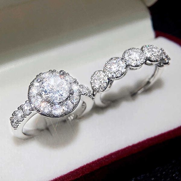 

band rings huitan gorgeous 2pcs sets rings for women full paved sparkling cz stone high-quality silver color wedding bands trendy jewelry aa