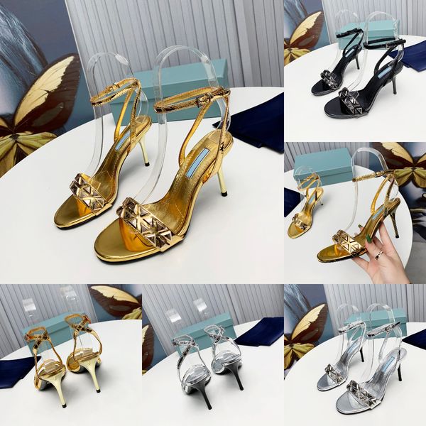 

studded metallic leather high-heeled sandals triangle embossed sandal women stiletto pumps summer show wedding party shoes, Black