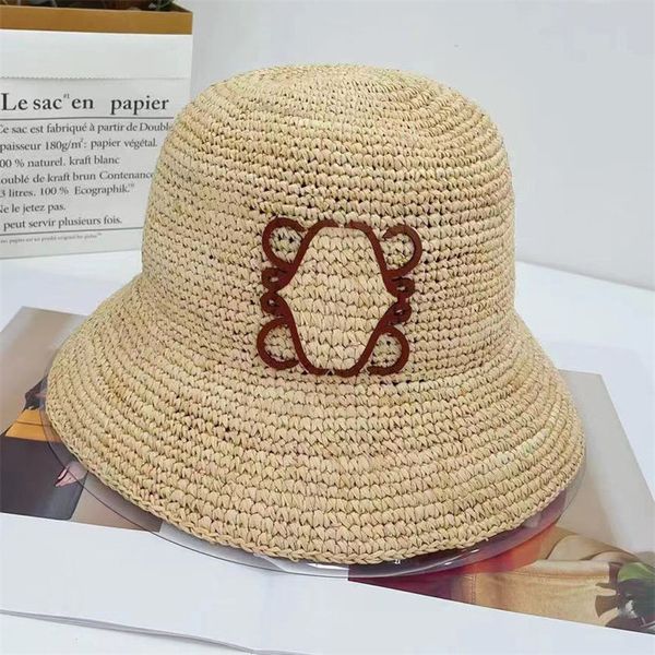 

Straw Summer Bucket Hats Designer Raffia Bonnets for Women Mens Beach-hat Grass Woven Caps Anagram Strawhat Flat Cap, Brown