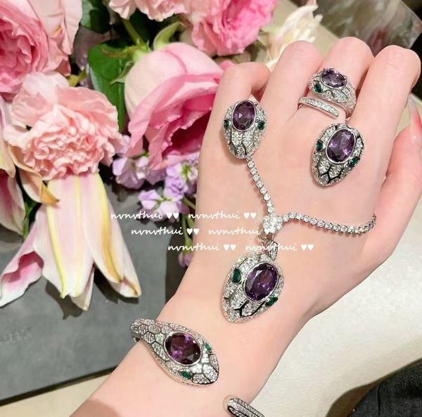 

cinderella purple tanzanian gem snake bracelet antique feel plated 18k gold treasure zircon snake necklace, Silver