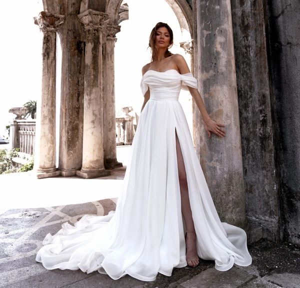 

elegant off the shoulder a line wedding dress short sleeves side slit organza women bride gowns 2023 vestidos de novia, White
