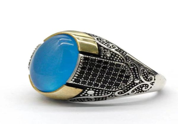 

s925 sterling silver inlaid oval 1410 natural green agate gemstone men039s ring turkish silver jewelry6587449, Golden;silver