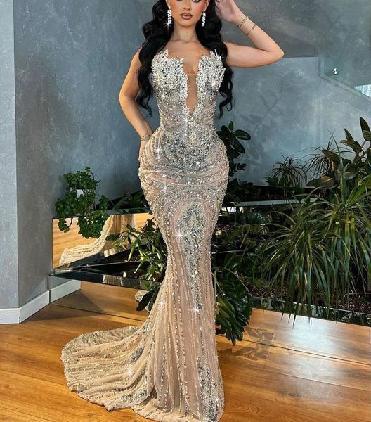 

luxury mermaid prom dresses sleeveless v neck appliques sequins beaded 3d lace hollow floor length diamonds evening dress bridal gowns plus, Black